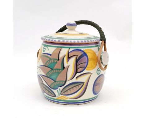 Poole England pottery lidded biscuit barrel with original cane handle #230/PA decorated by Marjorie Batt (Hayward 1925-35) - 