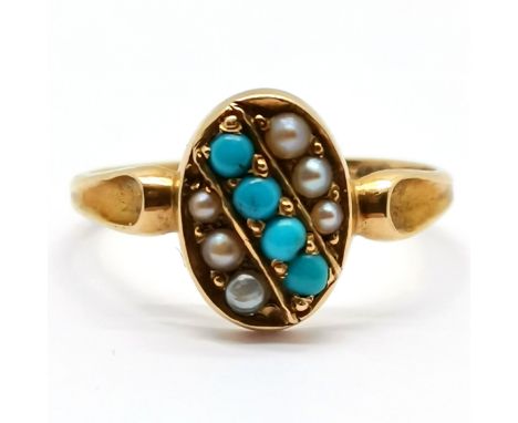Antique 15ct marked gold turquoise / pearl oval head cluster ring - size N½ &amp; 2g total weight