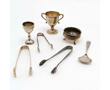 Qty of silver inc Chinese spoon, 3 pairs of sugar tongs etc (some slight a/f) - 144g