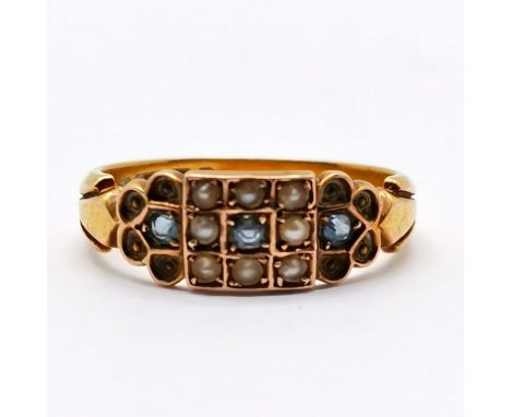 Antique 15ct hallmarked gold blue stone &amp; seed pearl ring - size M &amp; 2.8g total weight