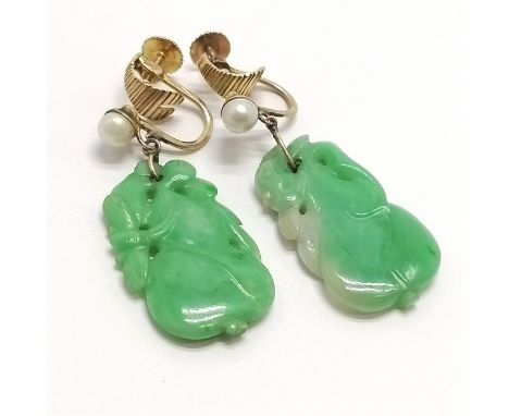Pair of antique Chinese hand carved jade drop earrings in the form of fruit with 9ct gold screwback mounts set with pearl - a