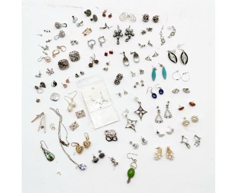 Qty of pairs of earrings (mostly silver) inc amber, diamond, penguin, freshwater pearl, Judith Ripka etc - some unmarked &amp