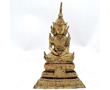 Late 19thC Thai Royal bronze Buddha with later gold leaf and red lacquer to the base 19.5cm high x 12.5cm wide
