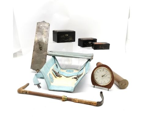 WWI (1918) shell case (37.5cm), nest of 3 x Oriental lacquer boxes (largest has key), Salter scales etc