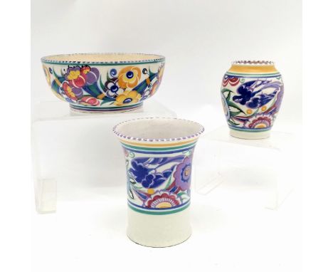Poole England pottery blue-bird vase #199/PB decorated by Rene Hayes (Harvey 1926-40) 15cm high, bowl /ED decorated by Marjor