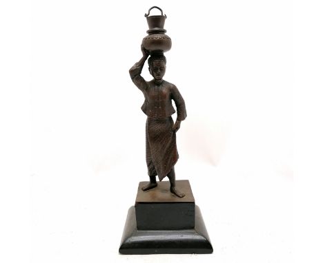 Burmese Pegu bronze figure of a lady in traditional dress carrying a water bucket and vessel on a wooden base 27cm high x 10c