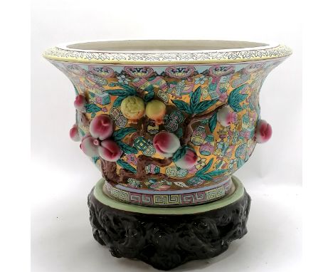 Oriental large jardiniere with raised fruit detail on ceramic base - 40cm diameter x 34cm high ~ signs of use but no obvious 