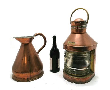 Vintage copper &amp; brass Masthead nautical lamp (48cm total height t/w vintage copper harvest jug / measure (with verificat