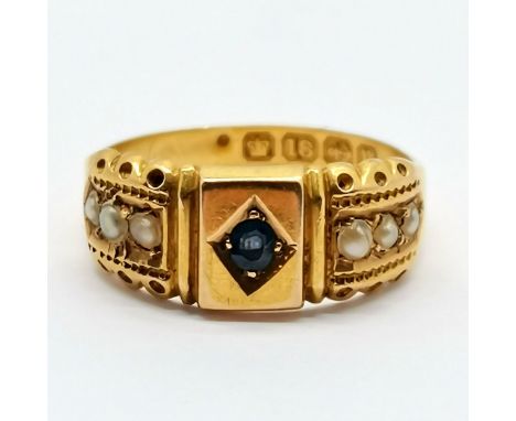 Antique 1895 dated 18ct hallmarked gold sapphire &amp; pearl set ring - size K &amp; 2.1g total weight