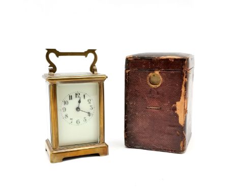 Antique brass cased carriage clock (with key) with original carry case (has losses) ~ 14.5cm total height &amp; clock running