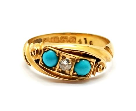 Antique 18ct hallmarked gold sapphire / turquoise stone set ring - size K½ &amp; 2.8g total weight