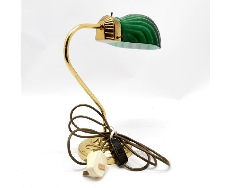 Vintage bankers style lamp with green shell shaped glass shade 34cm high - in good used condition
