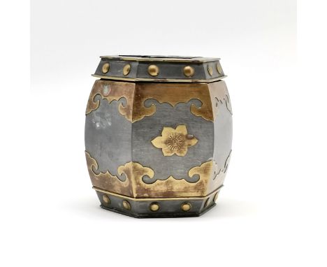 Chinese (Hong Kong) paktong pewter / bronze mounted tobacco jar in the form of a hexagonal garden seat - 10cm high