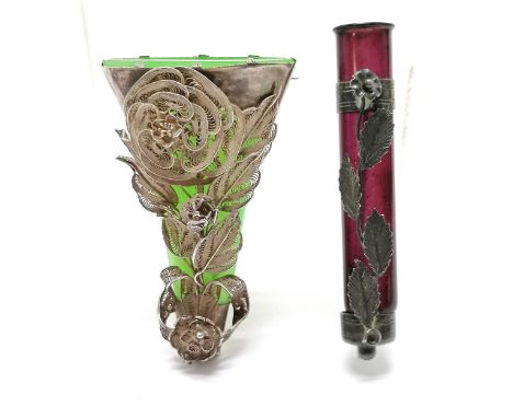 2 x Chinese posy holders - the peking green glass bears registraion marks and unmarked silver filigree rose decoration - 7cm 