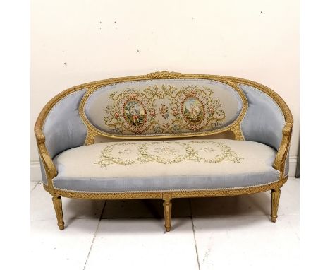 Antique continental carved giltwood framed 2 seater sofa with blue upholstery and embroidered detail - in good used condition