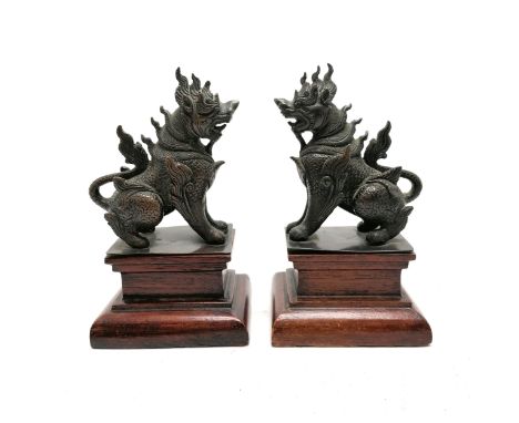 Antique pair of C1900 Burmese Pegu bronze Chinthe mythical lions on wooden bases 16cm high x 9.5cm wide x 6cm high - no obvio
