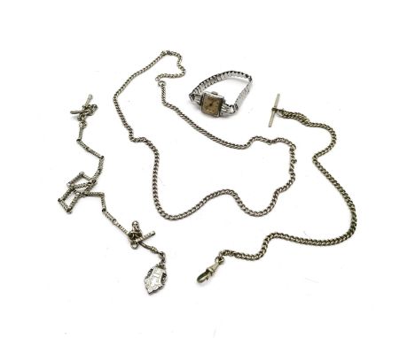2 x antique albert chains (longest 38cm &amp; slight a/f), silver 64cm neckchain (28g) &amp; Art Deco manual wind ladies wris