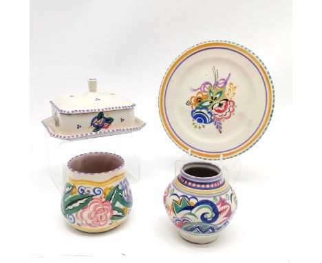 Carter Stabler Adams Ltd. Poole Pottery butter dish #215/AQ decorated by Iris Skinner (Adams 1928-37), plate (22cm diameter) 