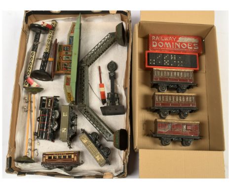 Brimtoy, Hornby 0 Gauge and Similar mixed group of unboxed Locomotive, Coaches, Wagons and Accessories (see photo). Condition
