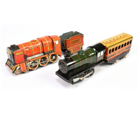 Wells Brimtoy &amp; Hornby Meccano Clockwork tinplate - To include Britannia Locomotive (mechanism needs work), tender and ca