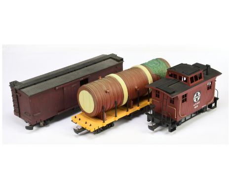 Bachmann G Scale group of Freight Cars. All have been converted to SM32 Gauge and Flat Car has Boiler load added (see photo).