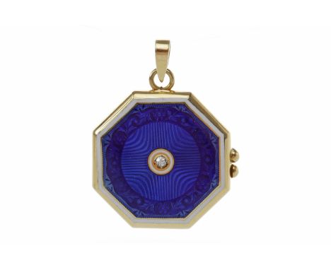 EARLY TWENTIETH CENTURY ENAMEL AND DIAMOND LOCKETof octagonal form, with machined blue enamel and a single central round diam
