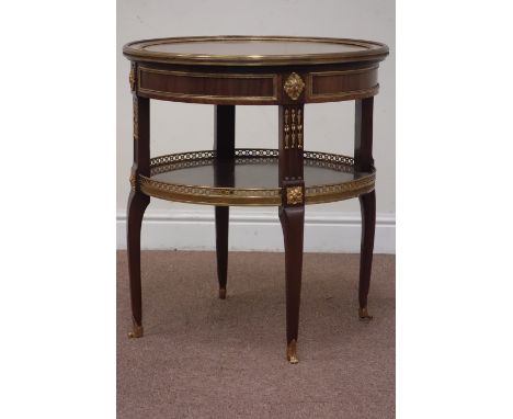 Mid 20th century French Empire style circular walnut centre table, tapering leg base connected by circular undertier, gilt me