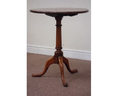 Early Georgian circular yew wood tilt top wine table, raised on turned elm column tripod base, D57cm, H70cm Condition Report 