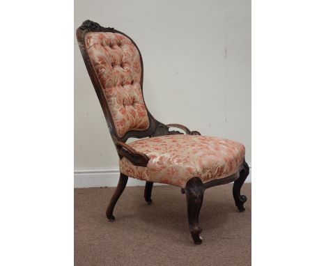 Quality Victorian rosewood nursing chair, spoon back, carved with berries and foliage, wide serpentine seat, well upholstered