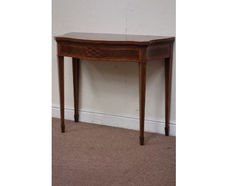 Edwardian inlaid mahogany serpentine fold over top card table, tooled baise lined, floral ivory inlay to the top, boxwood str