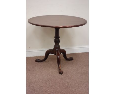 19th century mahogany tripod centre table, circular tilt top, on turned column, D85cm, H71cm Condition Report Click here for 