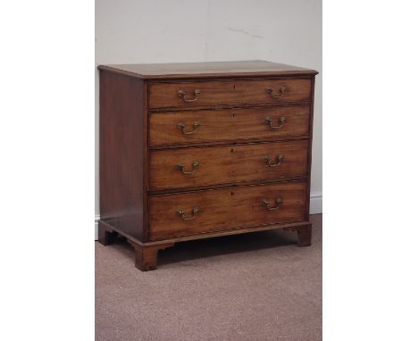 Late George III mahogany chest, banded rectangular moulded top above four graduating drawers, raised on bracket feet, W92cm, 