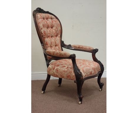 Quality Victorian rosewood armchair, spoon back, carved with berries and foliage, wide serpentine seat, well upholstered in p