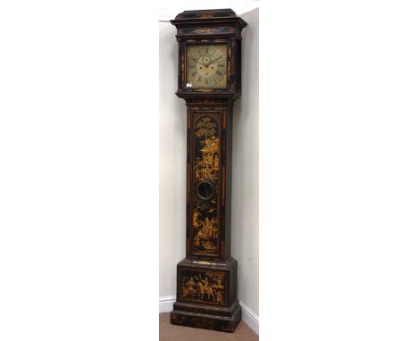 18th century chinoiserie and black lacquered longcase clock decorated with gilt pagoda and figural scenes, brass dial with tw