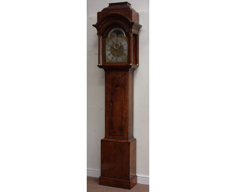 Early to mid 18th century walnut longcase clock, moulded caddie pediment, fitted with 8-day two train movement by 'Thoas 'Tho