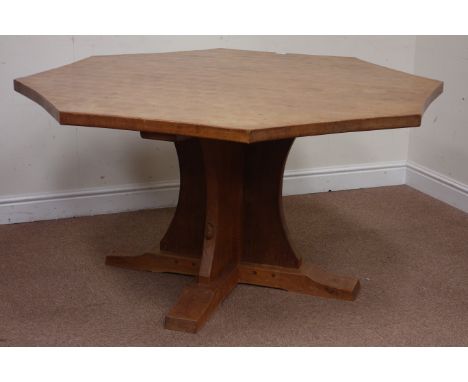 'Mouseman' oak adzed octagonal concave dining table, raised on cruciform base, D149cm, H74cm Condition Report Click here for 