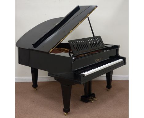 August Förster black lacquered grand piano, raised on square tapering spade foot legs terminating at brass castors (W150cm), 