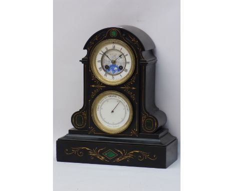 Victorian black slate mantle clock and barometer, the arched case with white enamel dial, Roman numerals, subsidiary date and