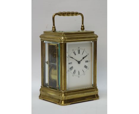 19th century French brass Carriage clock in Gorge case with white enamel dial, twin train movement striking the half & hours 