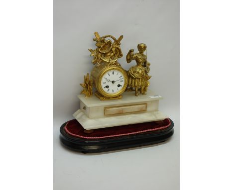 Late 19th century French gilt metal and onyx mantle clock, white enamel dial with fish cresting and angler, twin train moveme