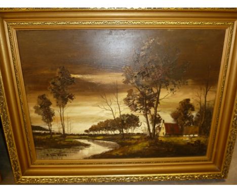 R. VAN BLEEK OIL PAINTING ON CANVAS (MONOCHROME) RIVER LANDSCAPE WITH COTTAGE SIGNED 20" X 28" (50.8cm x 71.2cm) 