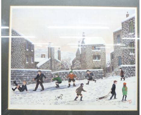 TOM DODSON ARTIST SIGNED COLOUR PRINT NORTHERN SCENE IN WINTER GUILD STAMPED 14" X 18" (35.5cm x 45.5cm) 