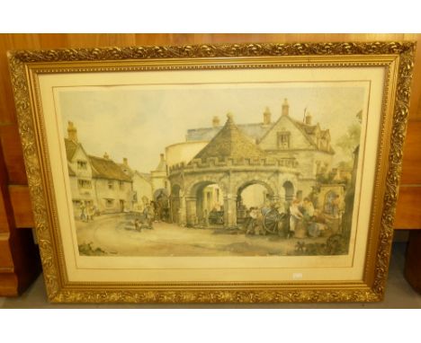 E. STURGEON  ARTIST SIGNED COLOUR PRINT  VILLAGE STREET SCENE WITH FIGURES SIGNED  18" X 30" (45.7cm x 76.2cm) 