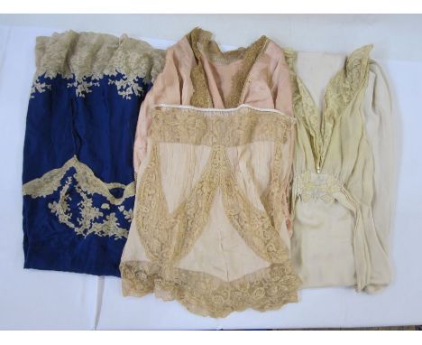 Various vintage lingerie to include a dark blue satin petticoat trimmed with undyed lace, a cream satin nightgown trimmed wit