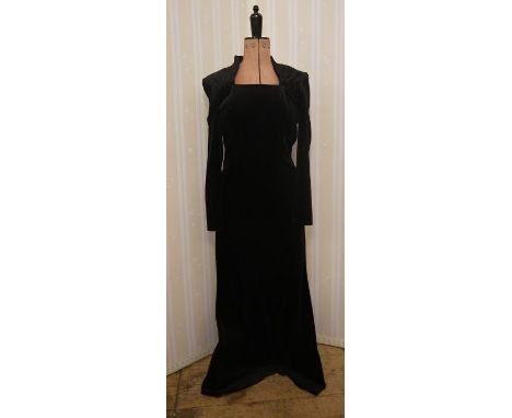 Frank Usher black taffeta sunray pleated wrapover skirt, full length with a matching sash and a black velvet full-length even