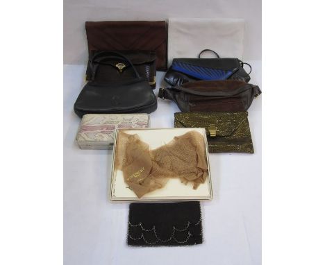Givenchy stockings, collection of fans, leather bags and clutches, bag dust pockets, vintage shell shaped woven hat and a mir