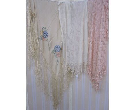 Two vintage cobweb shawls, one cream, one pink and a Chinese-style silk embroidered shawl with a deep fringe, 20cm x 92cm (so