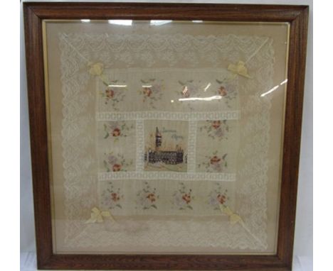 Souvenir embroidered and lace handkerchief  WWI  ' Souvenir D'Arras' depicting the cathedral in flames in the central cartouc