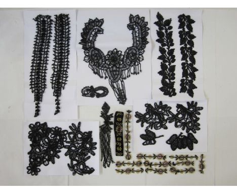 Victorian jet bead dress and costume accessories, epaulettes, decorations&nbsp; etc, pinned on card, velvet choker with bugle