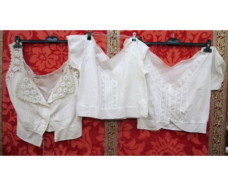 Edwardian blouse, pintucked embroidered and lace detail and another, and a cotton bodice shirt with bobbin lace collar and st